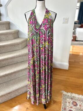 Boden Pink Yellow Green Paisley Halter Jersey Maxi Sleeveless Dress